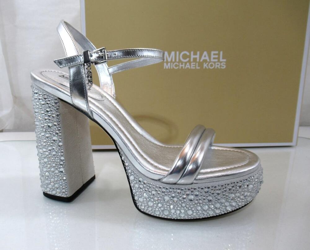 Michael Kors Laci Embellished Metallic Leather Platform Sandals Silver